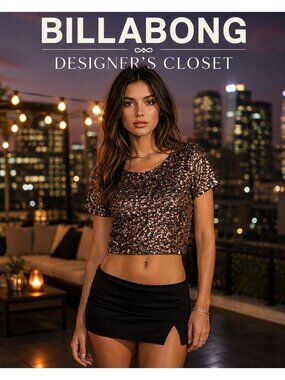 VTG Y2K Billabong Designer's Closet Crop Top L Bronze Sequin Party Glam
